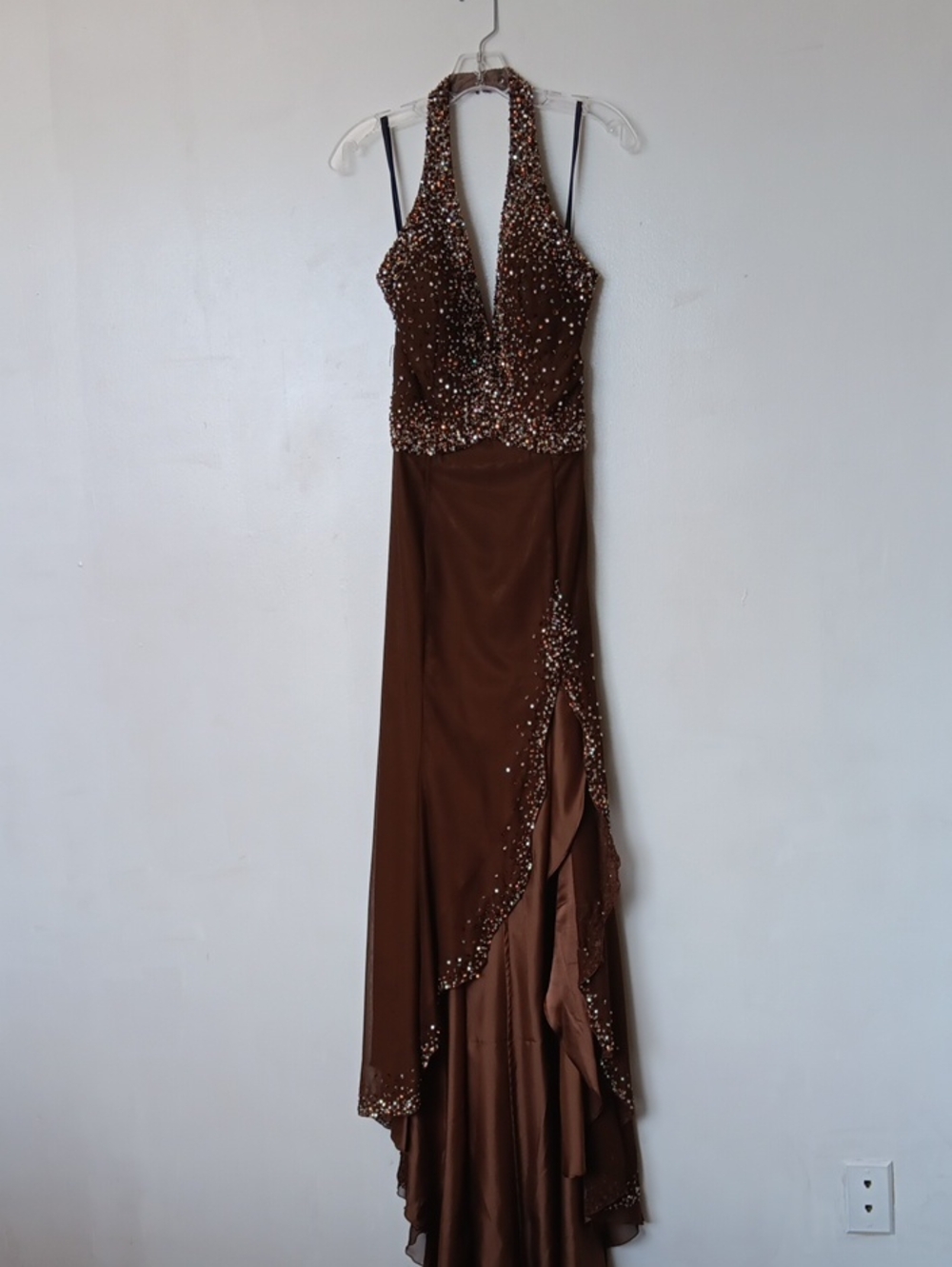 Riva Designs Brown (Coffee) Beaded Halter High-Low Evening Gown